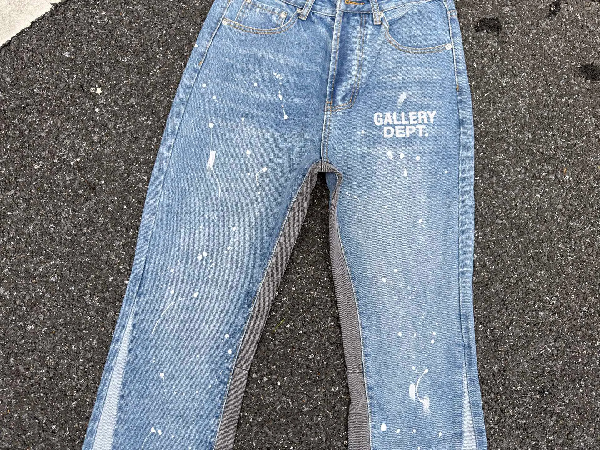 P240💰G01 GALLERY DEPT. Spliced ​​ink splash denim print logo bell bottoms washed jeans Color: black blue Code number: 28 30 32 34